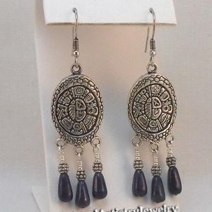 Lapis Lazuli & Silver Oval Tribal Shield Earrings